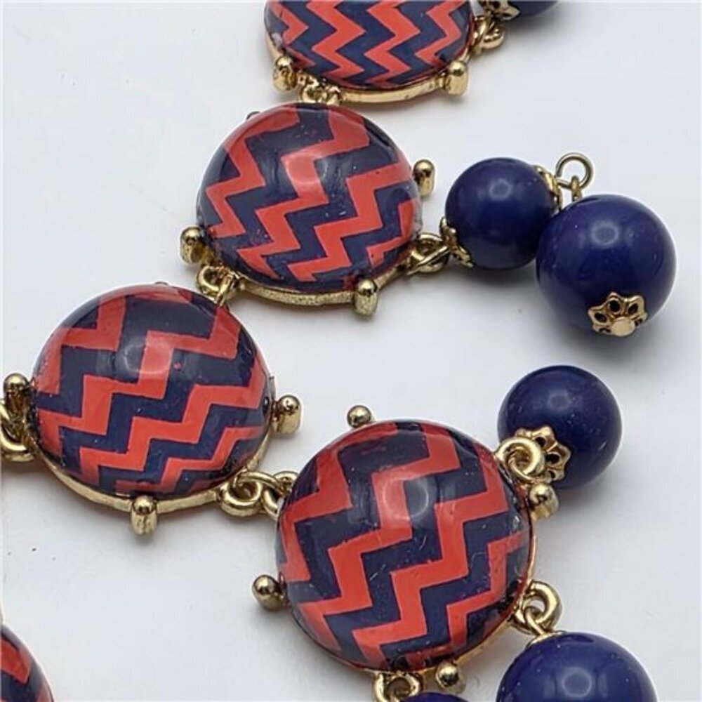 Gold Tone Rolo Chain Necklace Blue Red Chevron Bead Waterfall Bib 26” w/ Earring - Picture 3 of 7